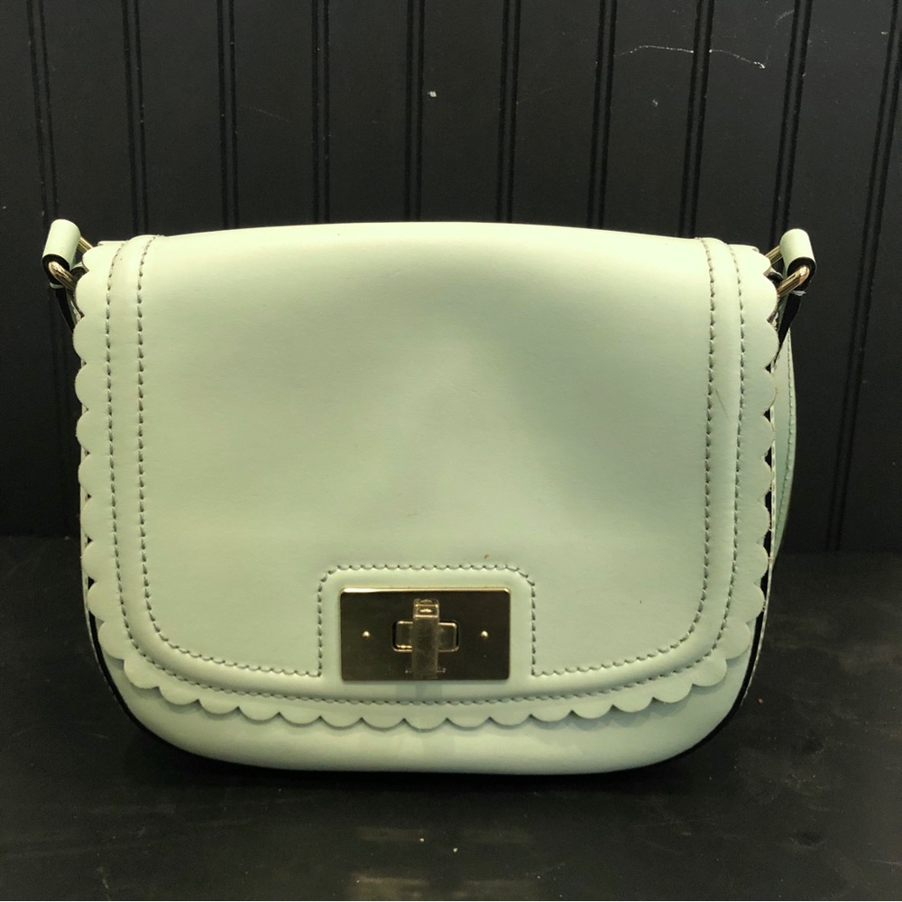 Kate Spade over the shoulder pastel robin’s egg blue purse with scallop detail